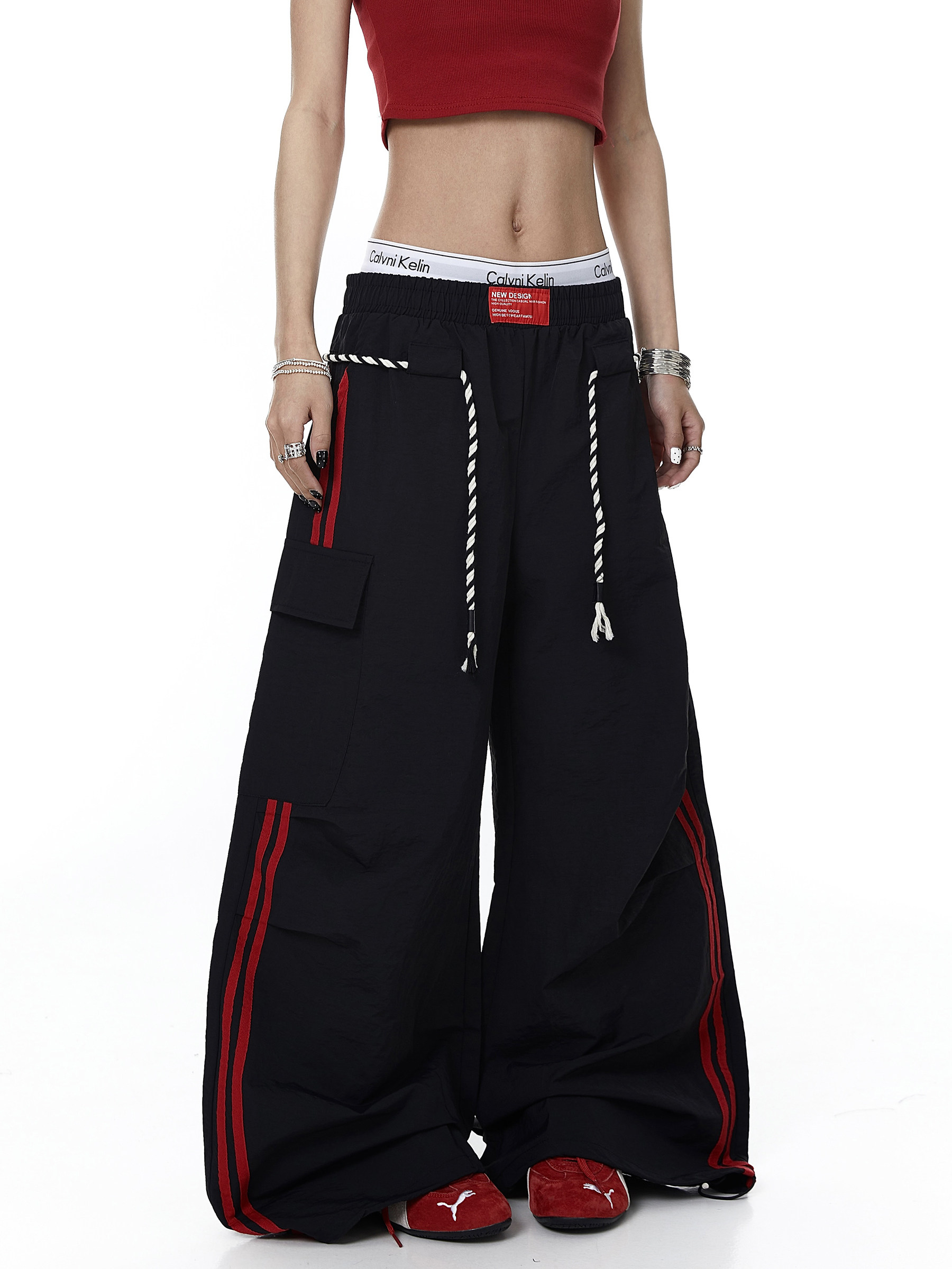 Rope-Waist Contrast Stripe Parachute Cargo Pants