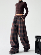 Vintage Plaid Fleece-Lined Wide-Leg Pants