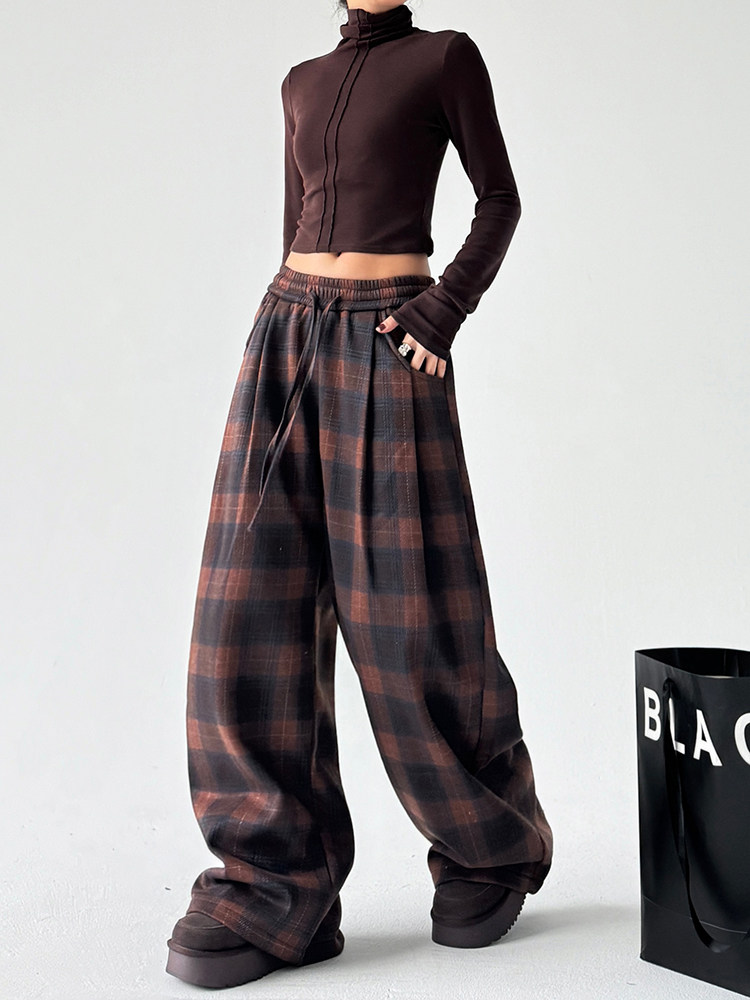 Vintage Plaid Fleece-Lined Wide-Leg Pants