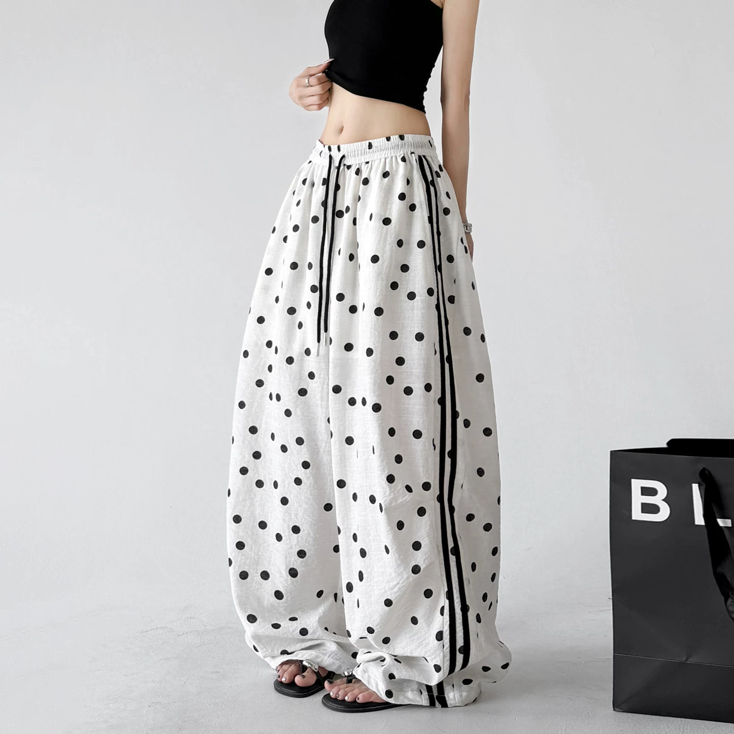 Polka Dot Side Stripe Wide Leg Pants - CT66177