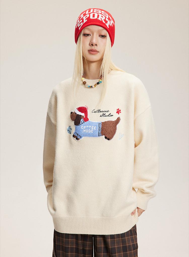 Embroidered Flocked Dog Print Knit Sweater - COPPING THREADS - CATTEE Hauptbild