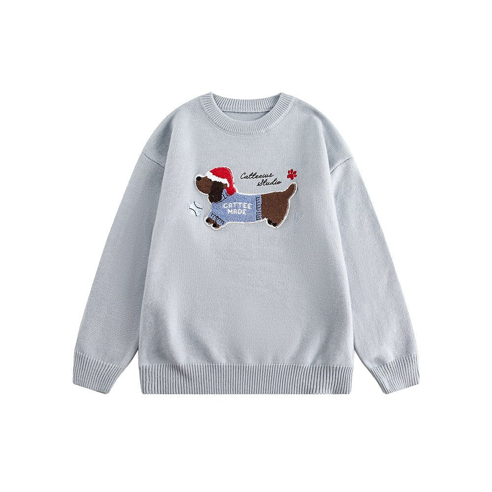 Embroidered Flocked Dog Print Knit Sweater - COPPING THREADS - CATTEE