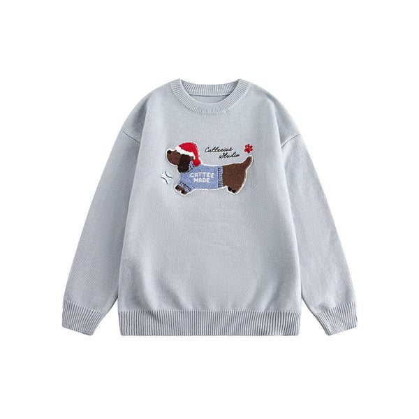 Embroidered Flocked Dog Print Knit Sweater - COPPING THREADS - CATTEE