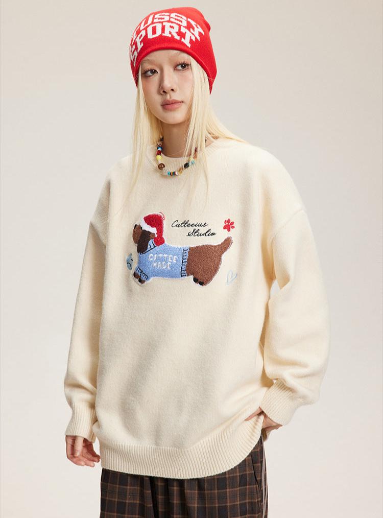 Embroidered Flocked Dog Print Knit Sweater - COPPING THREADS - CATTEE