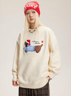 Embroidered Flocked Dog Print Knit Sweater - COPPING THREADS - CATTEE