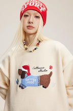 Embroidered Flocked Dog Print Knit Sweater - COPPING THREADS - CATTEE