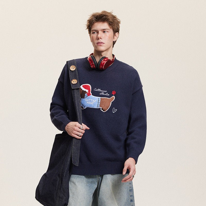 Embroidered Flocked Dog Print Knit Sweater - COPPING THREADS - CATTEE