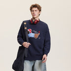 Embroidered Flocked Dog Print Knit Sweater - COPPING THREADS - CATTEE