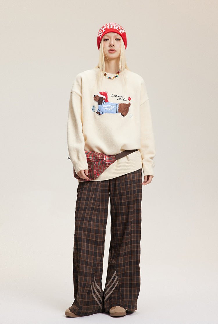Embroidered Flocked Dog Print Knit Sweater - COPPING THREADS - CATTEE