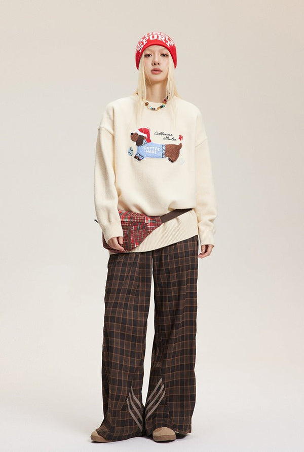 Embroidered Flocked Dog Print Knit Sweater - COPPING THREADS - CATTEE
