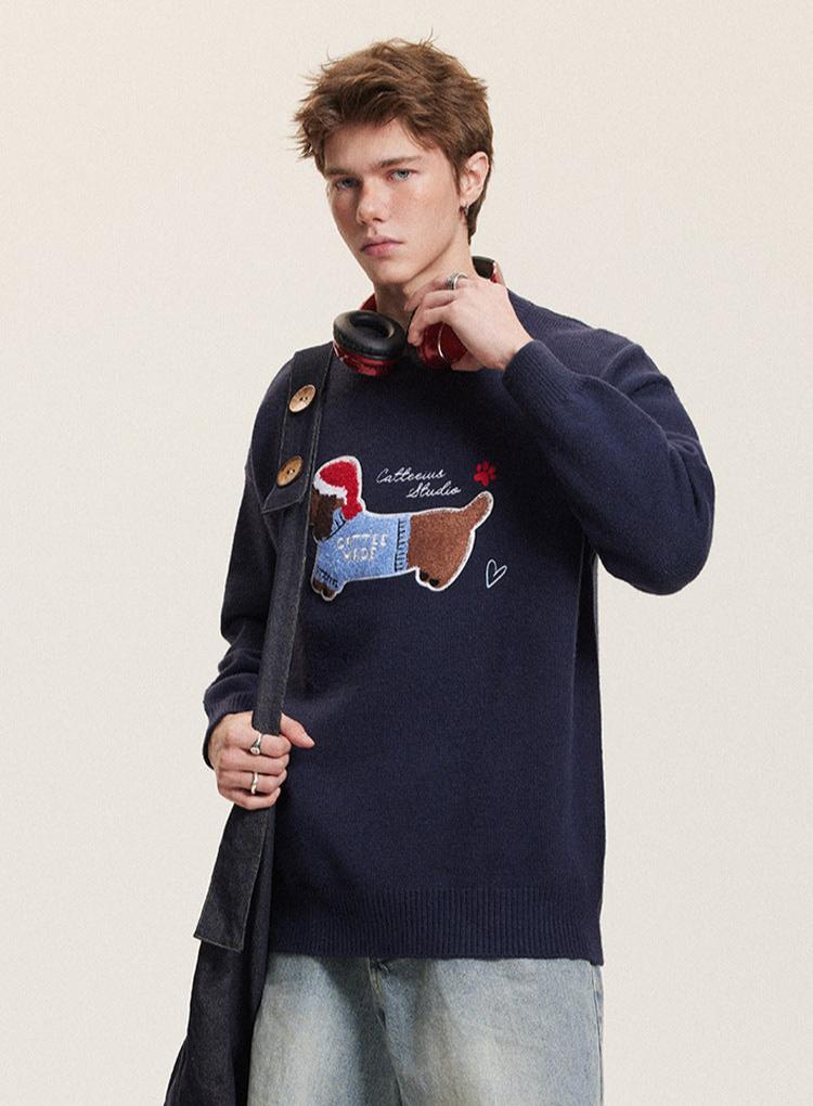 Embroidered Flocked Dog Print Knit Sweater - COPPING THREADS - CATTEE