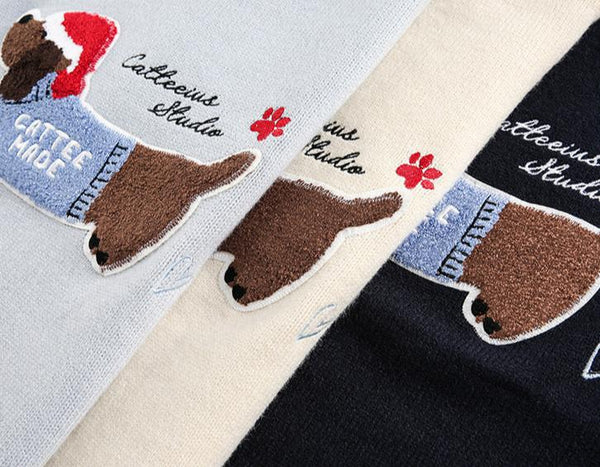 Embroidered Flocked Dog Print Knit Sweater - COPPING THREADS - CATTEE