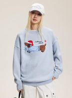 Embroidered Flocked Dog Print Knit Sweater - COPPING THREADS - CATTEE