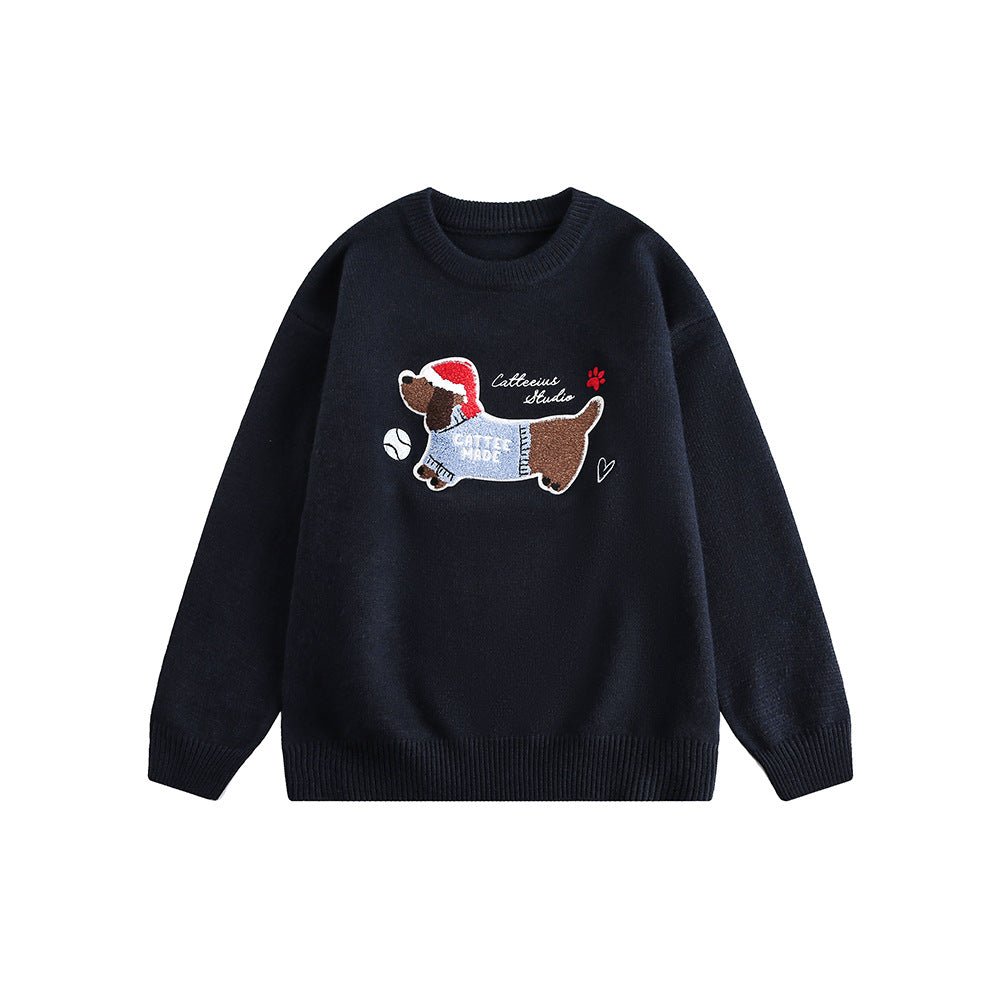 Embroidered Flocked Dog Print Knit Sweater - COPPING THREADS - CATTEE