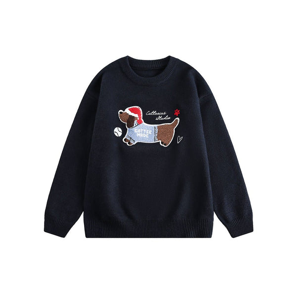 Embroidered Flocked Dog Print Knit Sweater - COPPING THREADS - CATTEE