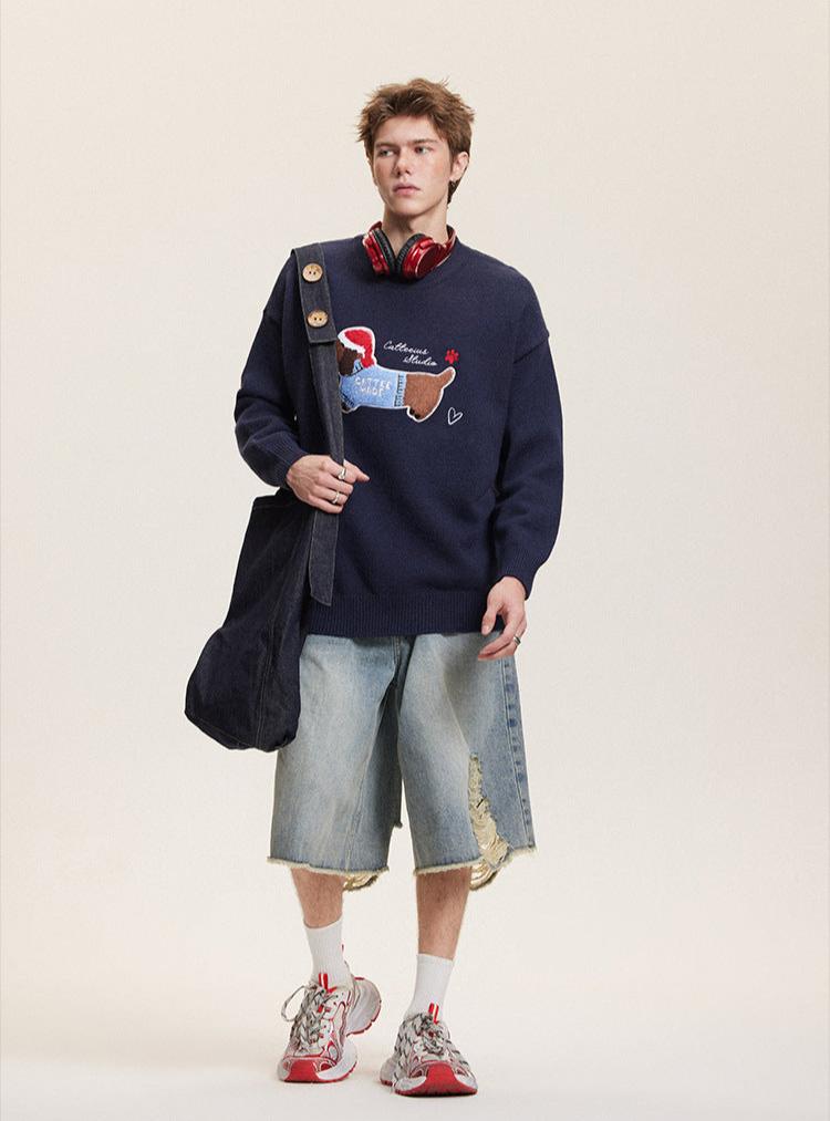 Embroidered Flocked Dog Print Knit Sweater - COPPING THREADS - CATTEE