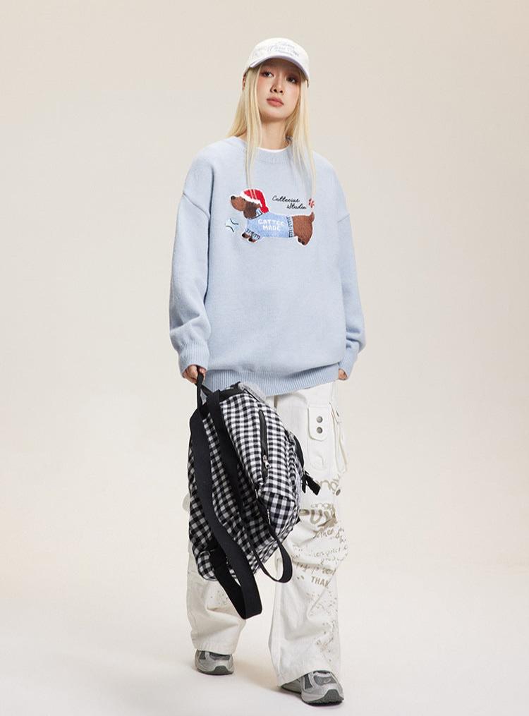 Embroidered Flocked Dog Print Knit Sweater - COPPING THREADS - CATTEE