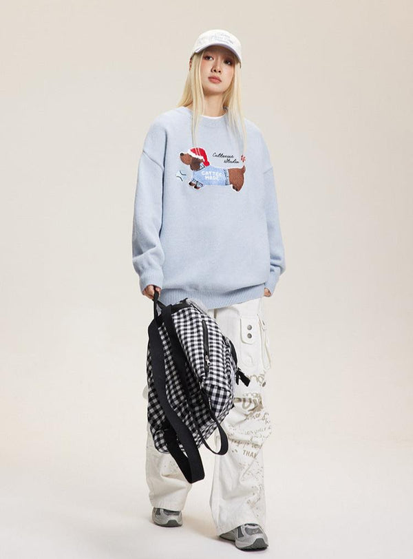 Embroidered Flocked Dog Print Knit Sweater - COPPING THREADS - CATTEE