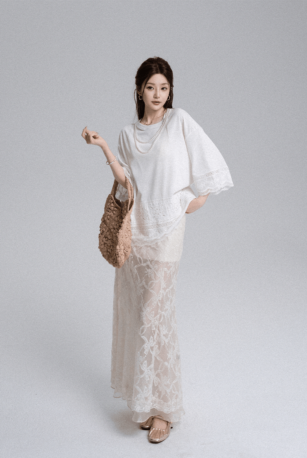 Embroidered Lace Panel Tee & Sheer Maxi Skirt Set - COPPING THREADS - LulusMiracle