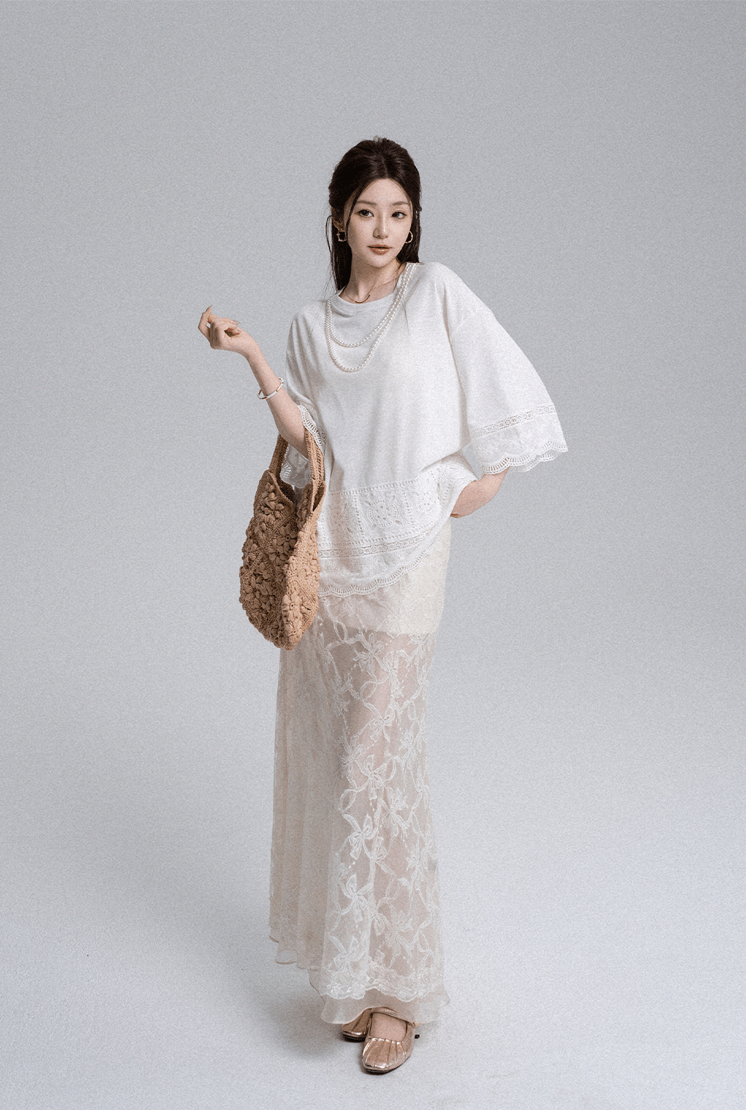 Embroidered Lace Panel Tee & Sheer Maxi Skirt Set - COPPING THREADS - LulusMiracle