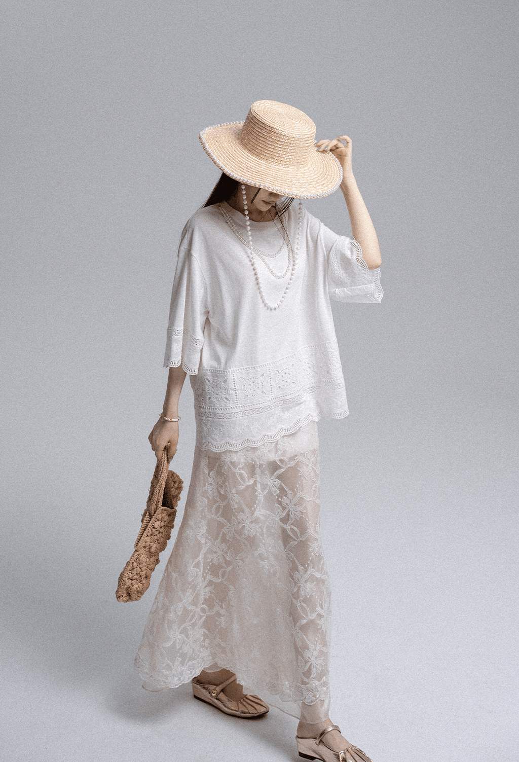 Embroidered Lace Panel Tee & Sheer Maxi Skirt Set - COPPING THREADS - LulusMiracle