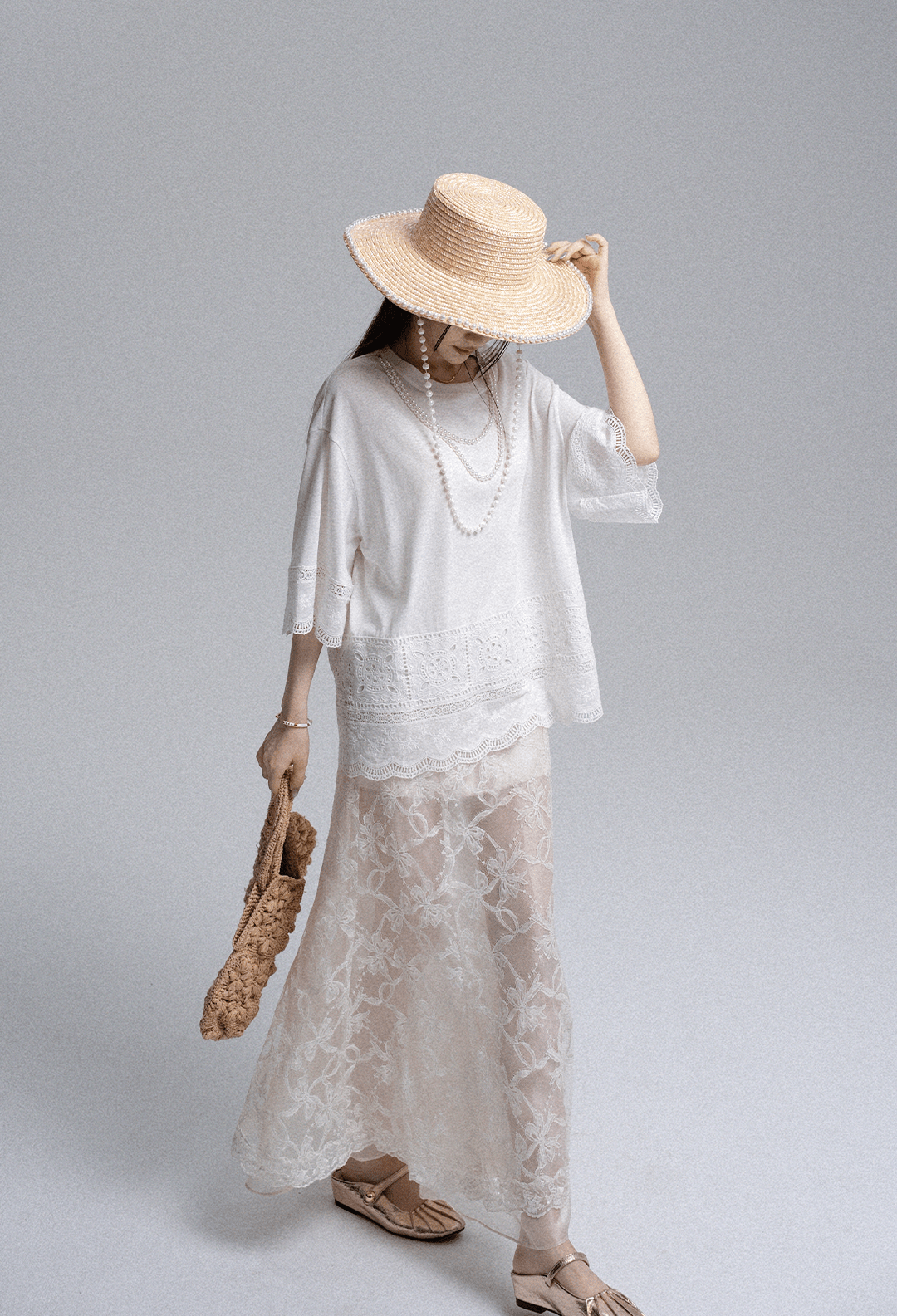 Embroidered Lace Panel Tee & Sheer Maxi Skirt Set - COPPING THREADS - LulusMiracle