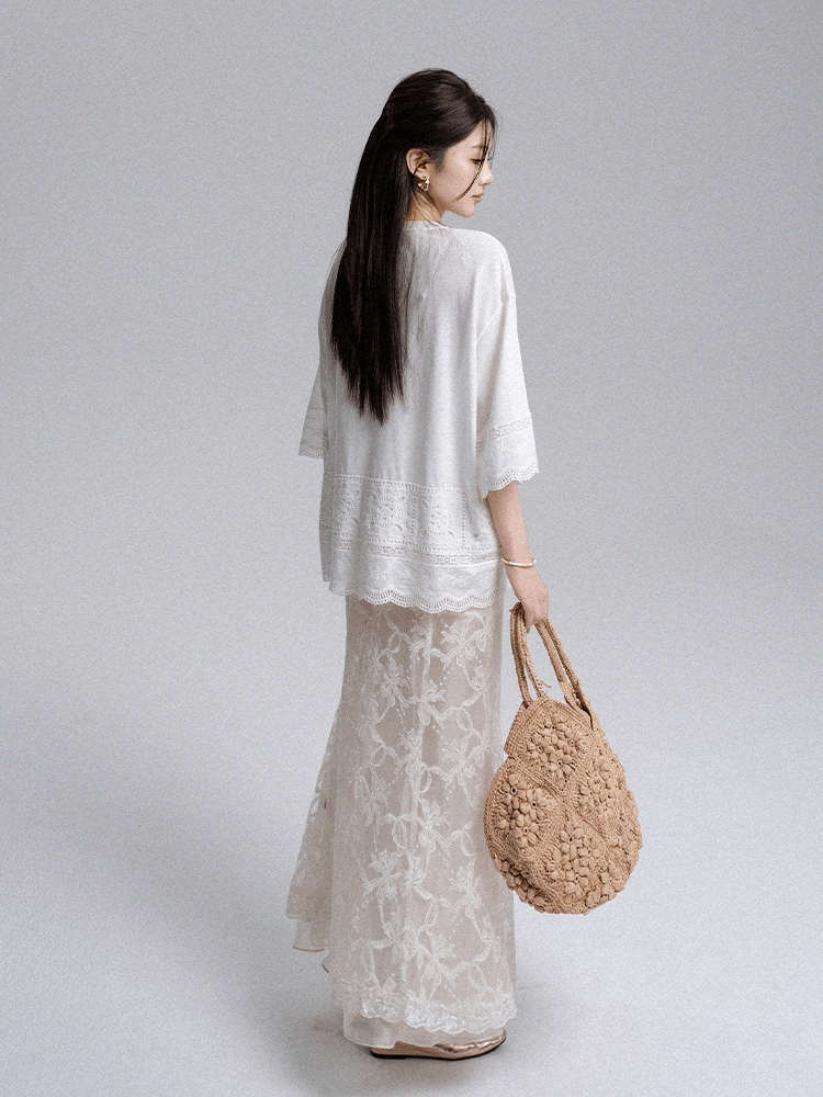 Embroidered Lace Panel Tee & Sheer Maxi Skirt Set - COPPING THREADS - LulusMiracle