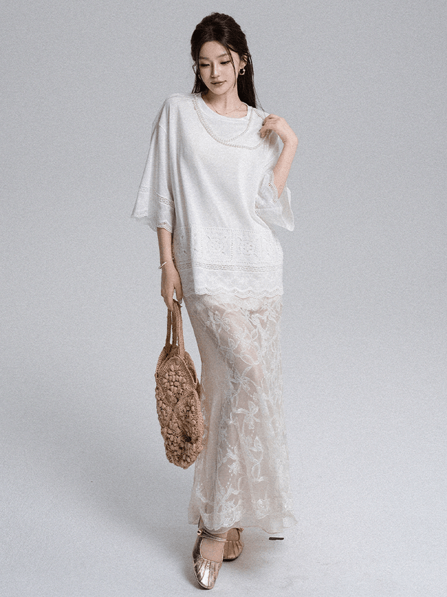 Embroidered Lace Panel Tee & Sheer Maxi Skirt Set - COPPING THREADS - LulusMiracle Hover Image
