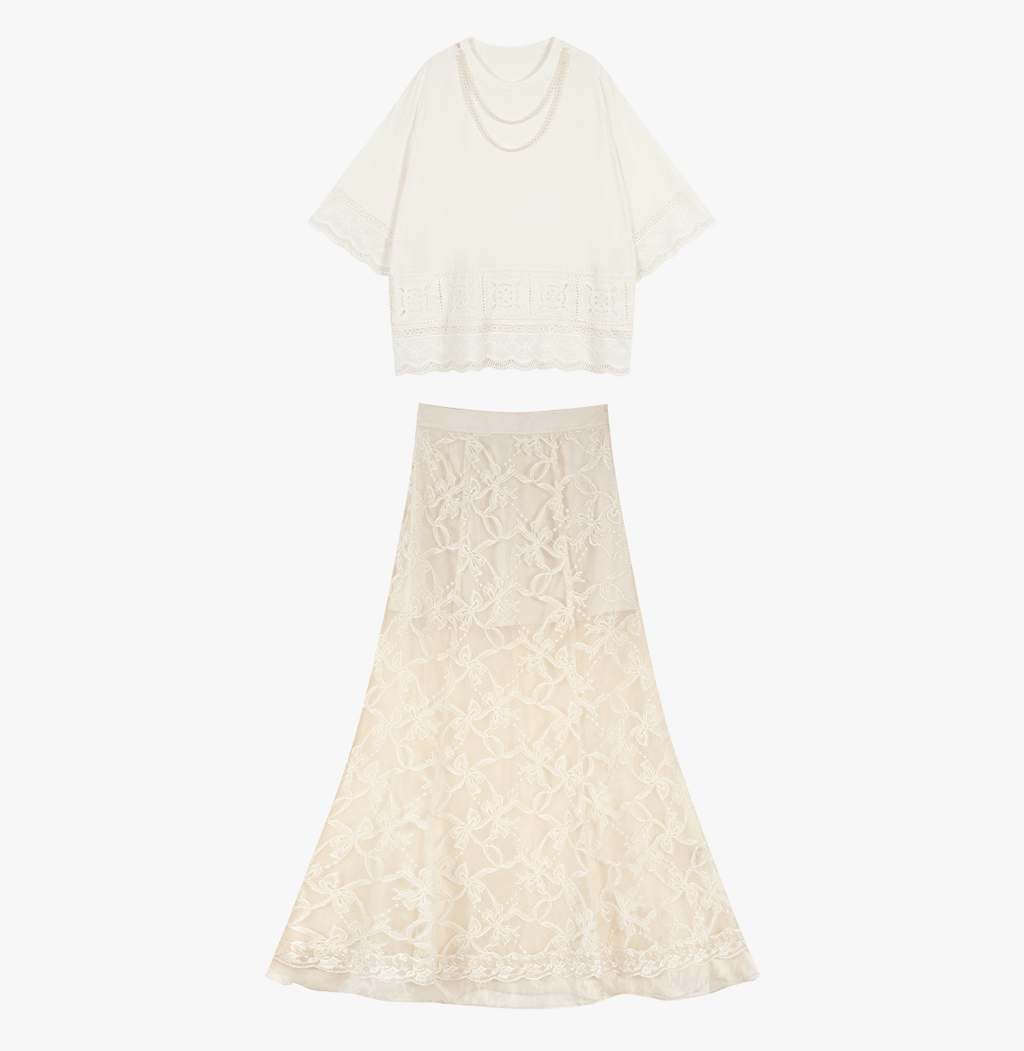 Embroidered Lace Panel Tee & Sheer Maxi Skirt Set - COPPING THREADS - LulusMiracle