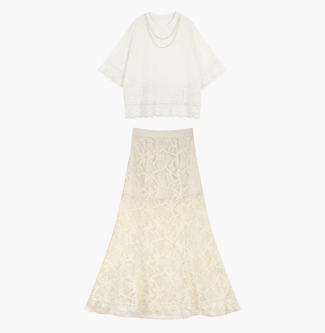 Embroidered Lace Panel Tee & Sheer Maxi Skirt Set - COPPING THREADS - LulusMiracle