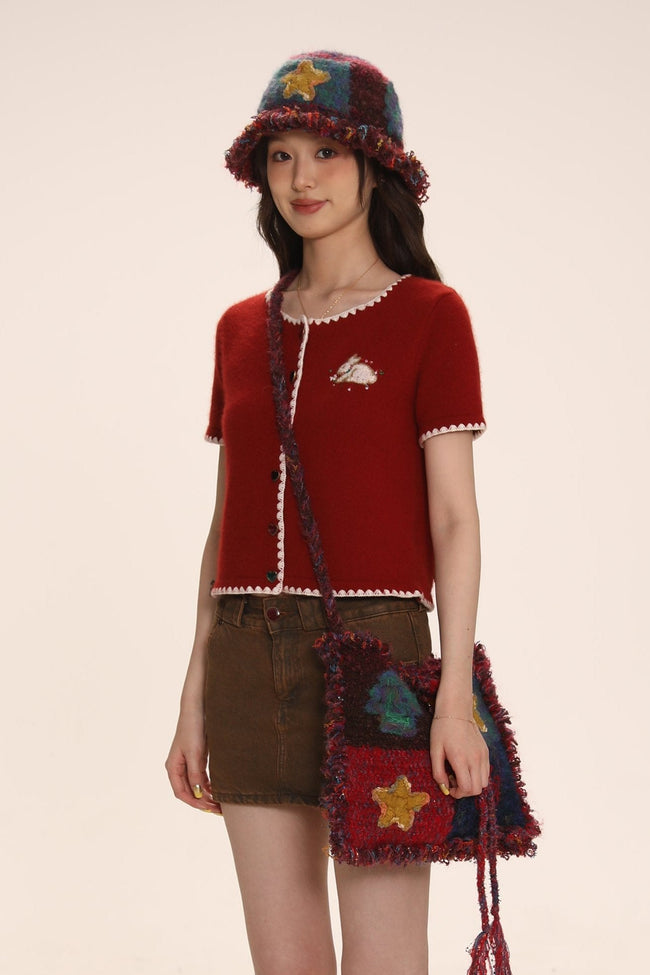 Embroidered Rabbit Logo Short Sleeve Knit Cardigan - COPPING THREADS - MOROMORO Hover Image