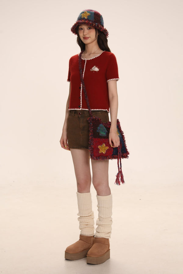 Embroidered Rabbit Logo Short Sleeve Knit Cardigan - COPPING THREADS - MOROMORO