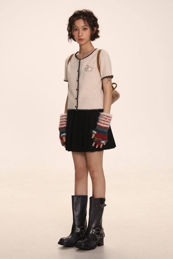 Embroidered Rabbit Logo Short Sleeve Knit Cardigan - COPPING THREADS - MOROMORO