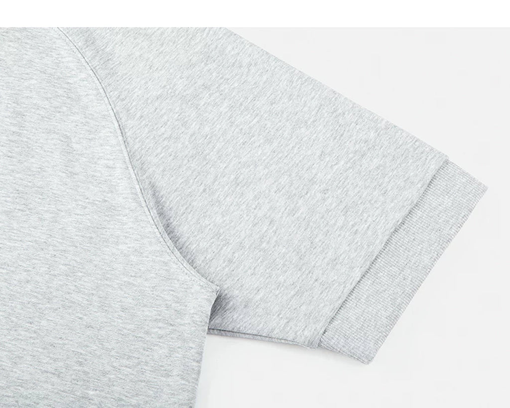 IDLT short sleeve sweatshirt, heather gray sleeve.