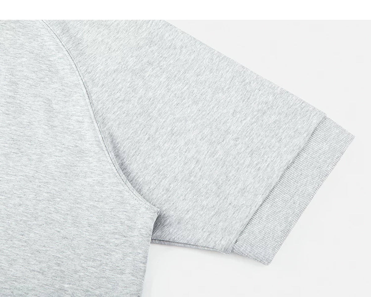 IDLT short sleeve sweatshirt, heather gray sleeve.