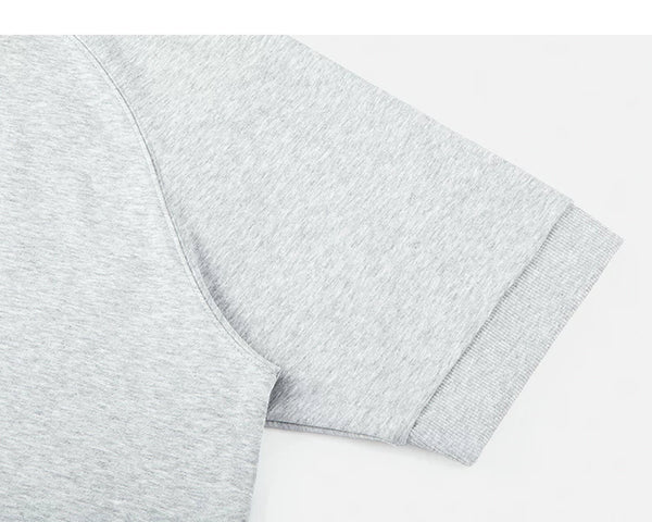 IDLT short sleeve sweatshirt, heather gray sleeve.