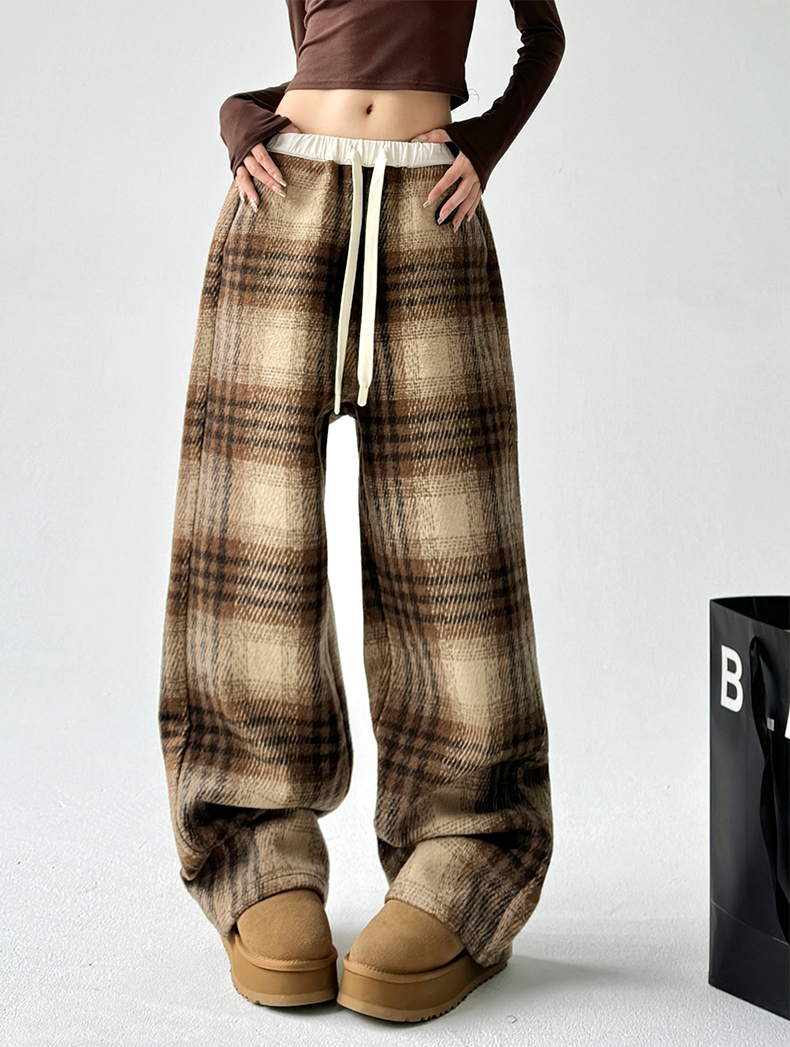 Plaid Fleece-Lined Wide-Leg Pants