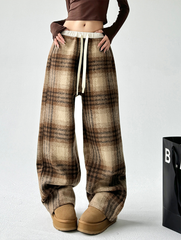 Plaid Fleece-Lined Wide-Leg Pants