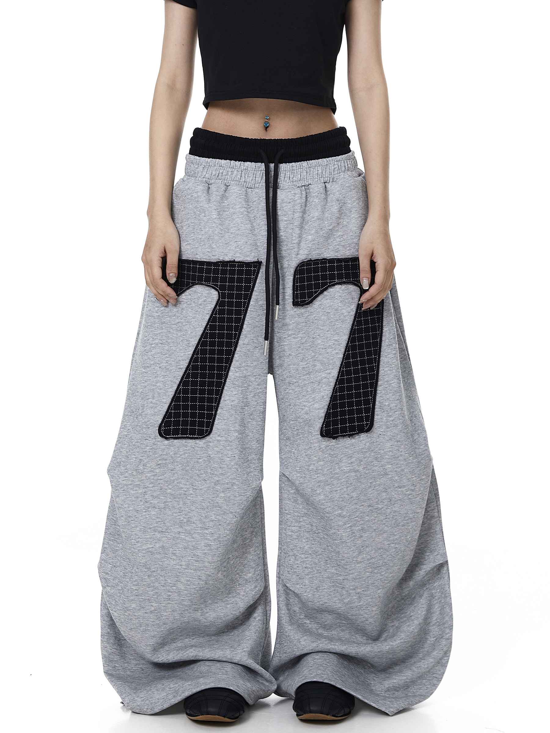 Contrast Patch Embroidered Double Waist Sweatpants