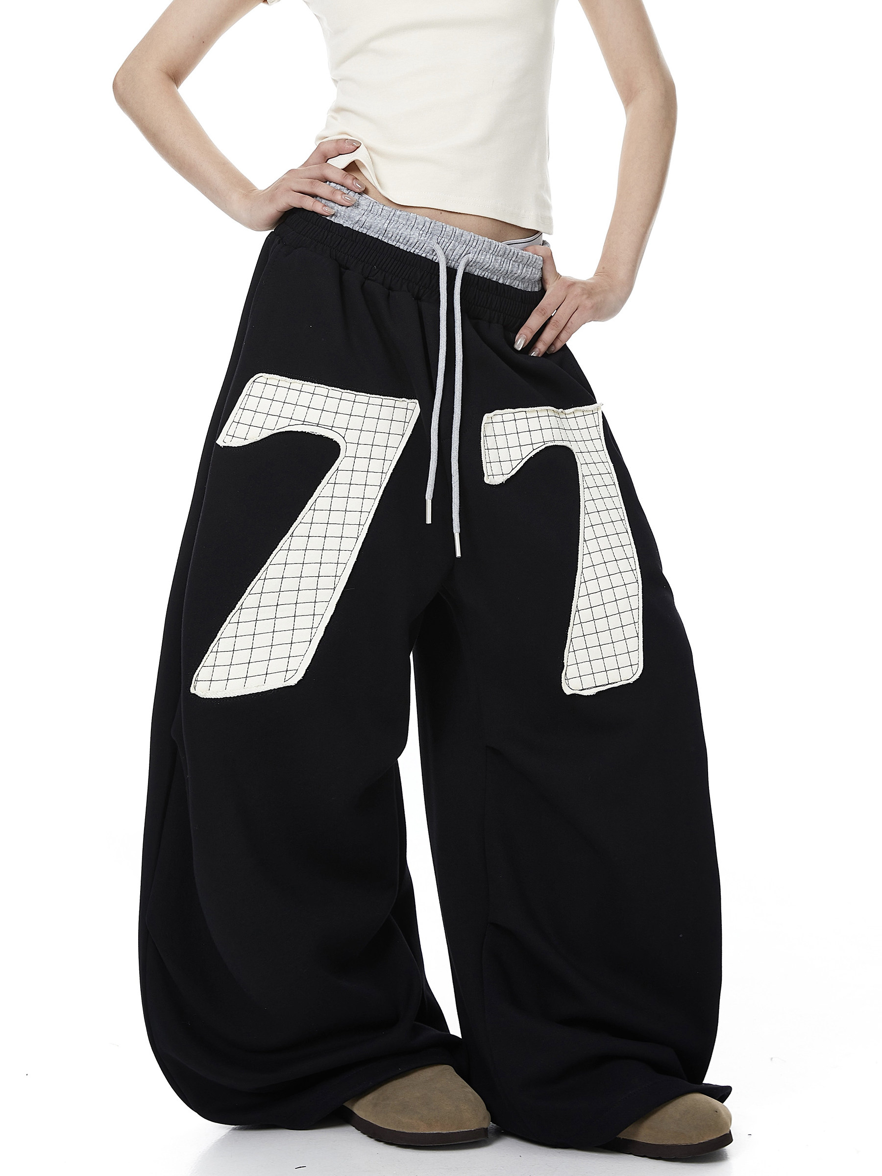Contrast Patch Embroidered Double Waist Sweatpants