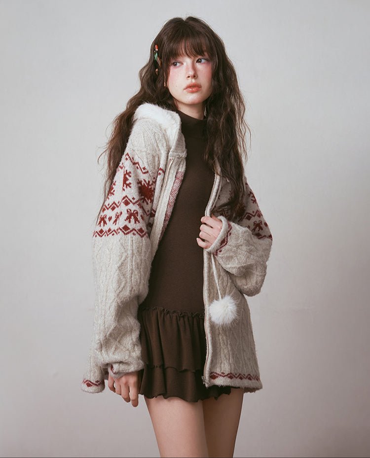 Fair Isle Bow - Print Knit Hoodie Cardigan - COPPING THREADS - CHICISLAND