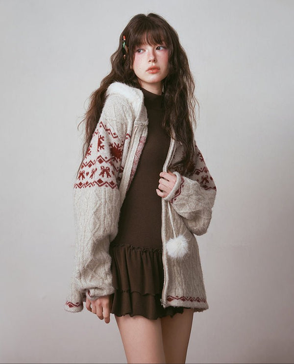 Fair Isle Bow - Print Knit Hoodie Cardigan - COPPING THREADS - CHICISLAND