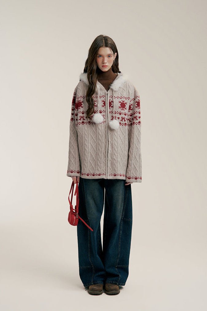 Fair Isle Bow - Print Knit Hoodie Cardigan - COPPING THREADS - CHICISLAND