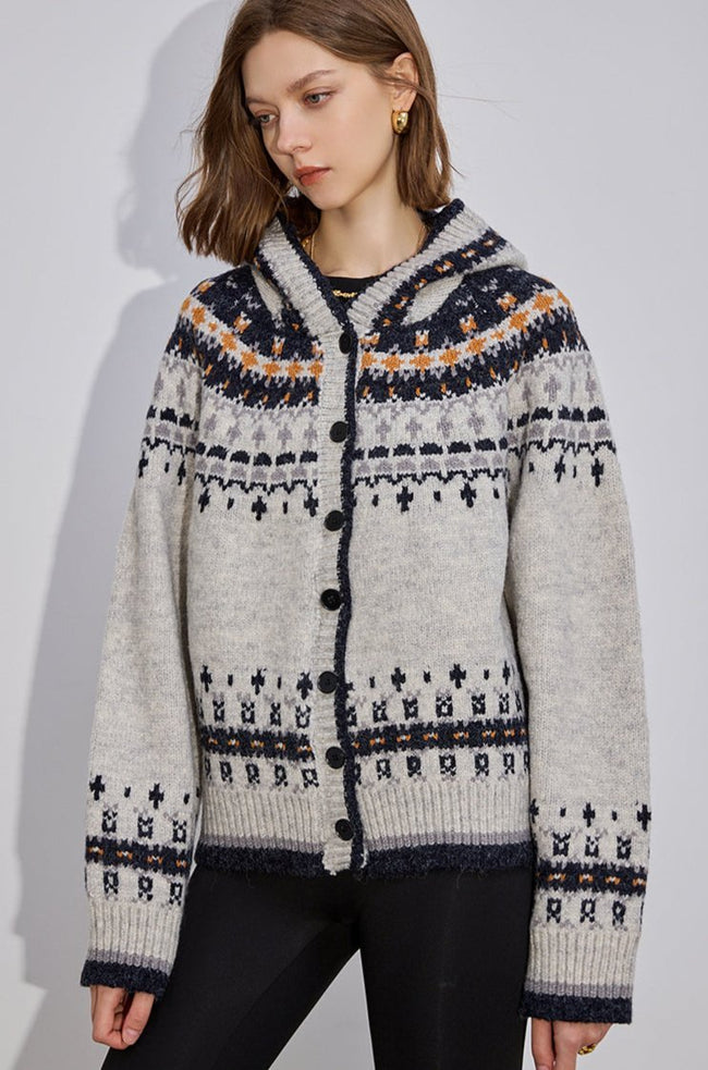 Fair Isle Button - Up Hooded Knit Cardigan Sweater - COPPING THREADS - CHICISLAND Hover Image