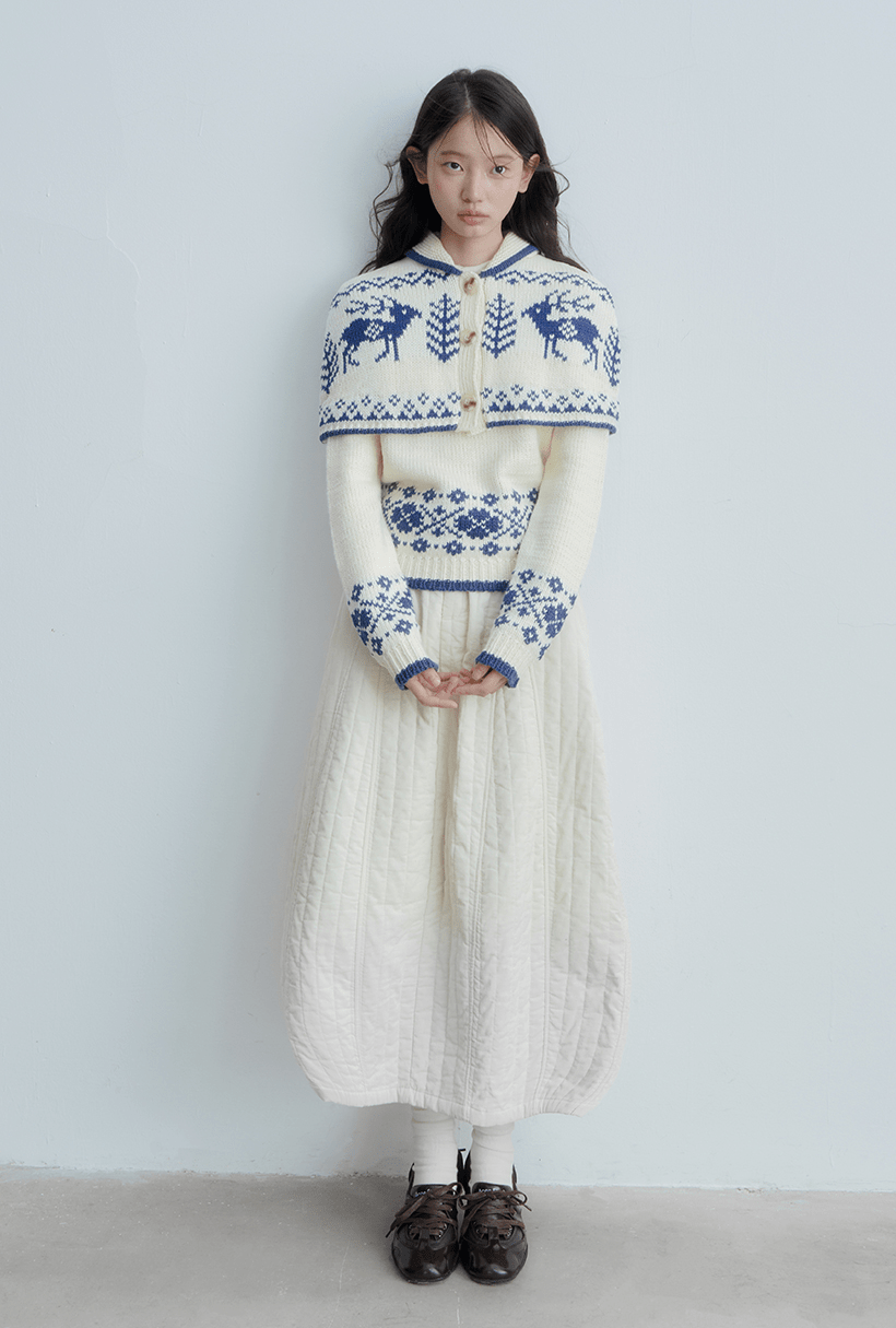 Fair Isle Deer Knit Cape Sweater & Quilted Midi Skirt Set - COPPING THREADS - CHICISLAND