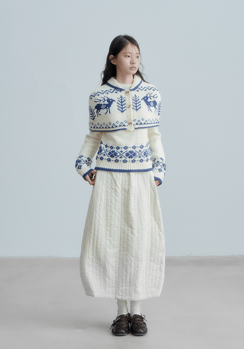 Fair Isle Deer Knit Cape Sweater & Quilted Midi Skirt Set - COPPING THREADS - CHICISLAND 메인 이미지