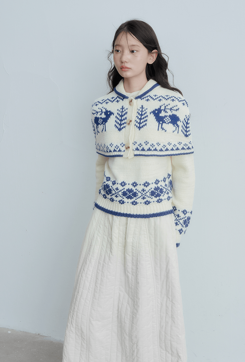 Fair Isle Deer Knit Cape Sweater & Quilted Midi Skirt Set - COPPING THREADS - CHICISLAND
