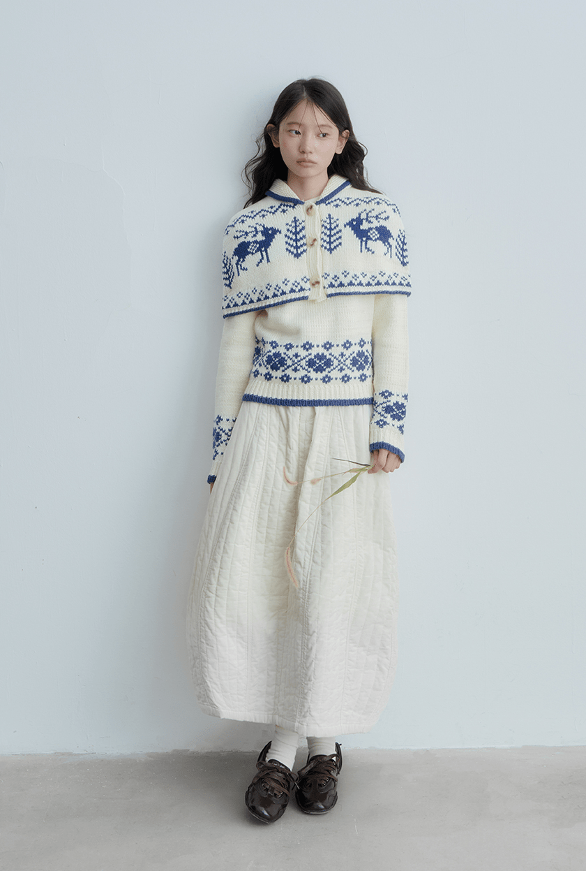 Fair Isle Deer Knit Cape Sweater & Quilted Midi Skirt Set - COPPING THREADS - CHICISLAND
