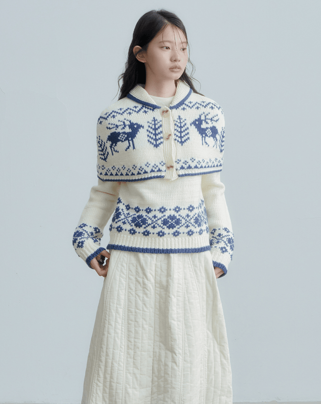 Fair Isle Deer Knit Cape Sweater & Quilted Midi Skirt Set - COPPING THREADS - CHICISLAND Hover Image