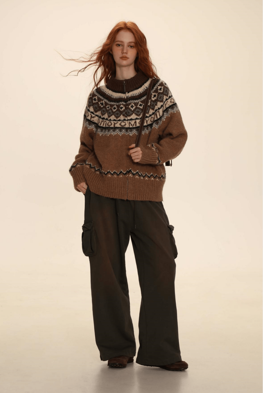 Fair Isle Pattern Zipper Cardigan Knit Sweater - COPPING THREADS - MOROMORO